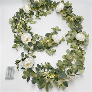 LED lyskæde med hvide blomster og eukalyptus blade - 1,8 m 20 lys